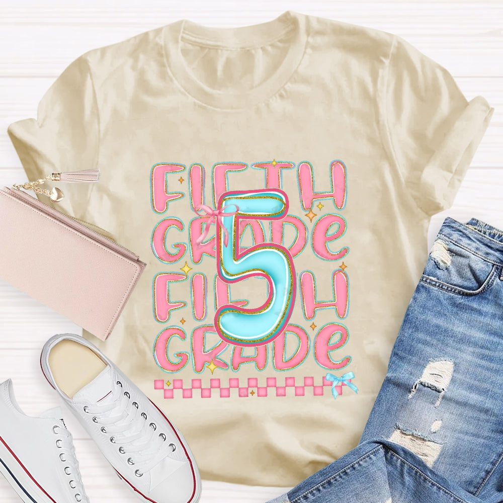 Personalized Grade First Grade Pink Small Square Teacher T-shirt