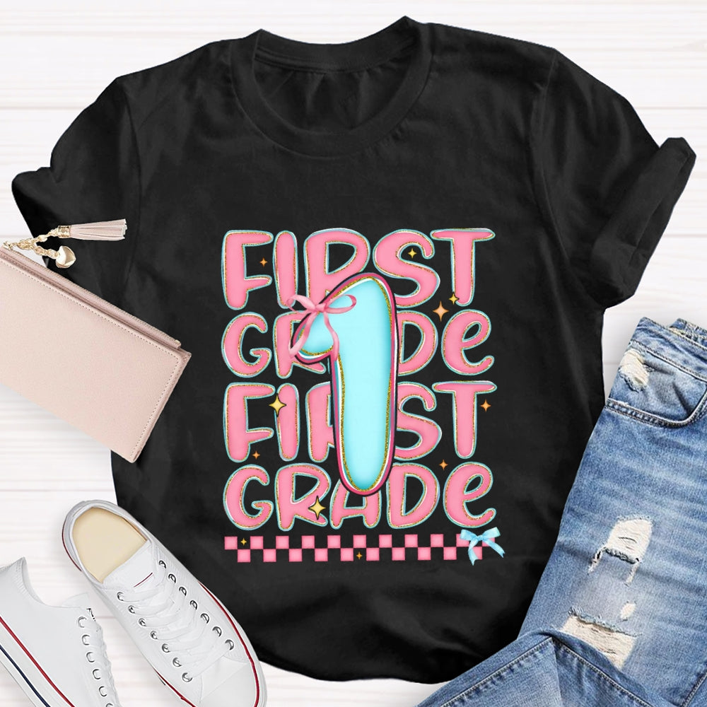 Personalized Grade First Grade Pink Small Square Teacher T-shirt