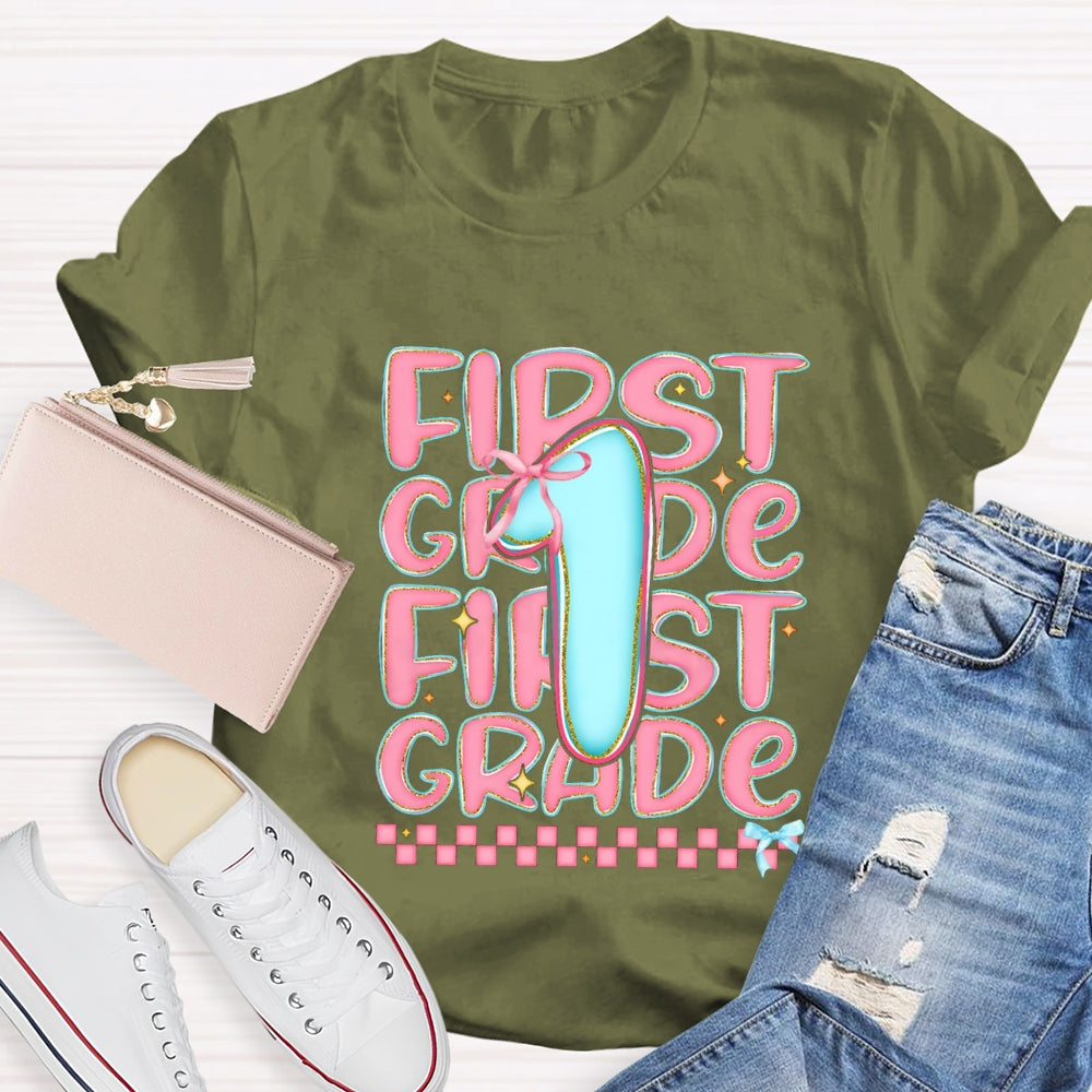 Personalized Grade First Grade Pink Small Square Teacher T-shirt
