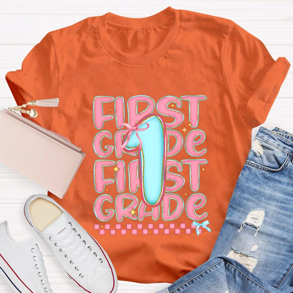 Personalized Grade First Grade Pink Small Square Teacher T-shirt
