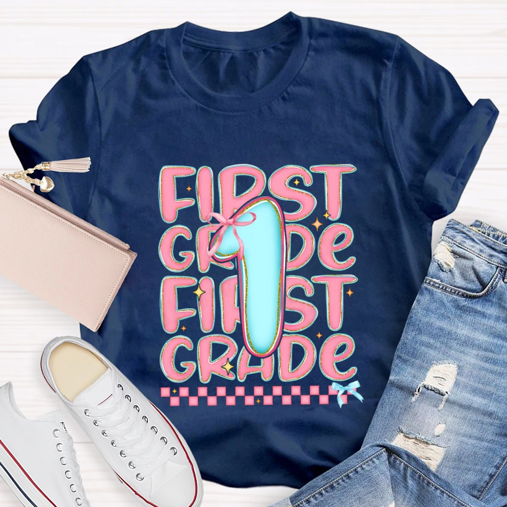 Personalized Grade First Grade Pink Small Square Teacher T-shirt