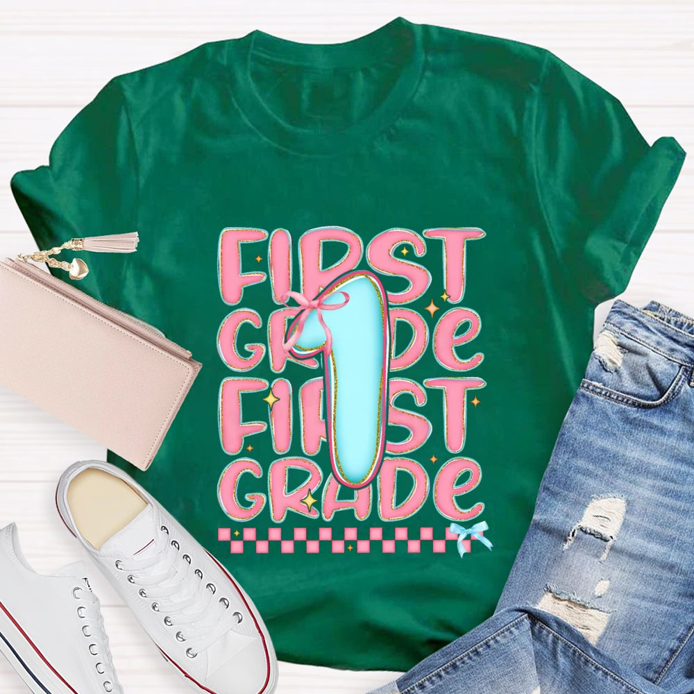 Personalized Grade First Grade Pink Small Square Teacher T-shirt