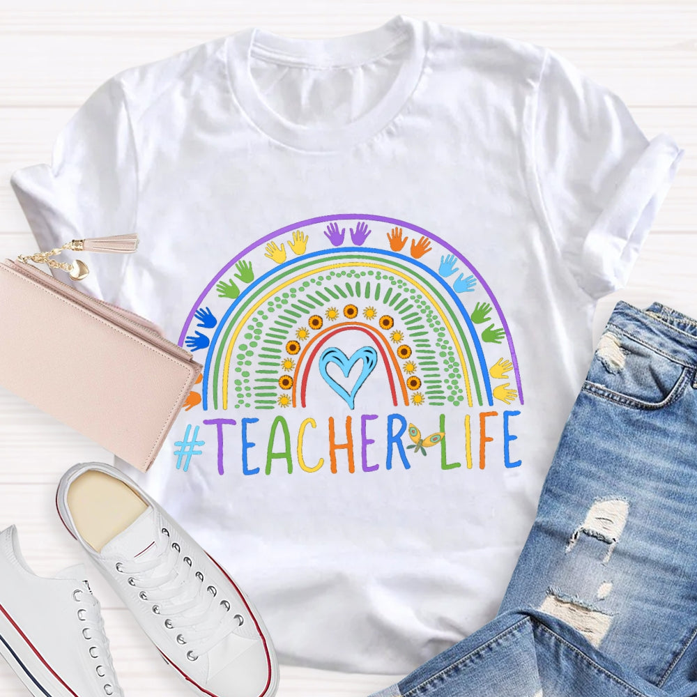 Color Line Printing Blue Heart Teacher T-shirt
