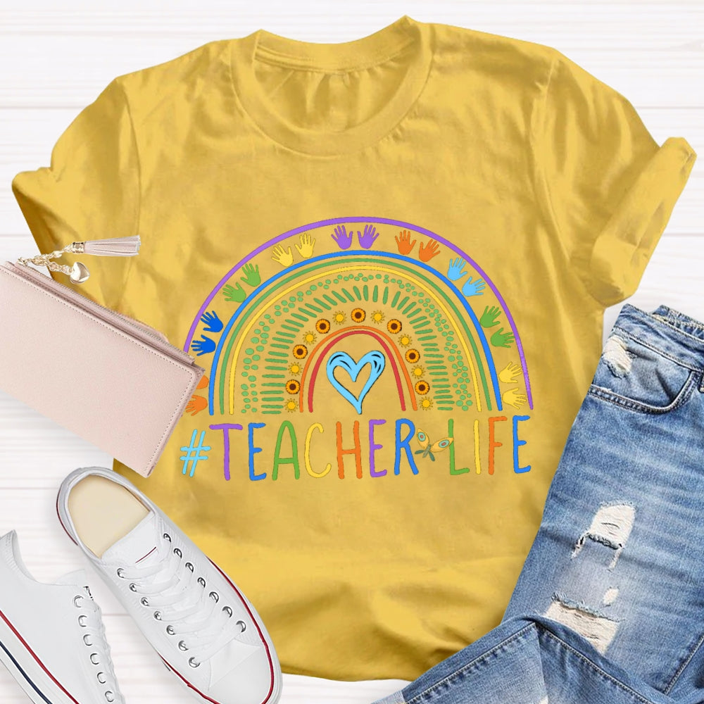 Color Line Printing Blue Heart Teacher T-shirt