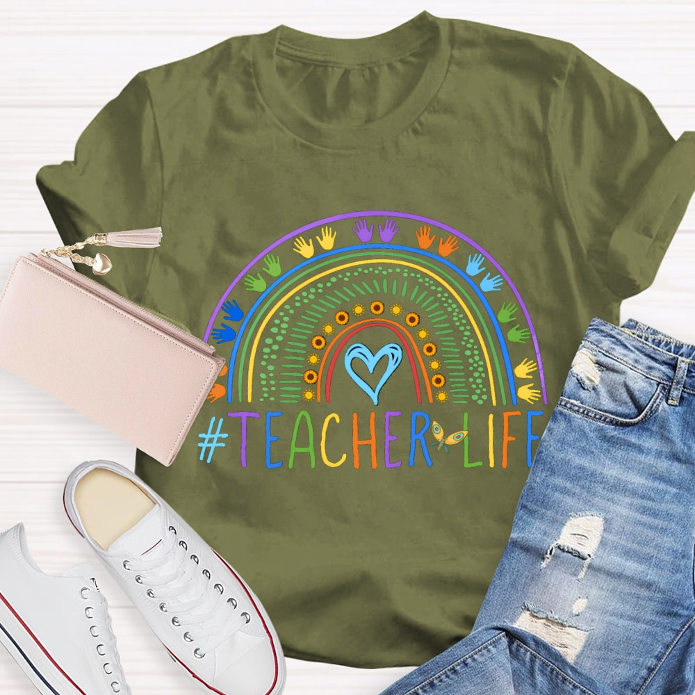 Color Line Printing Blue Heart Teacher T-shirt