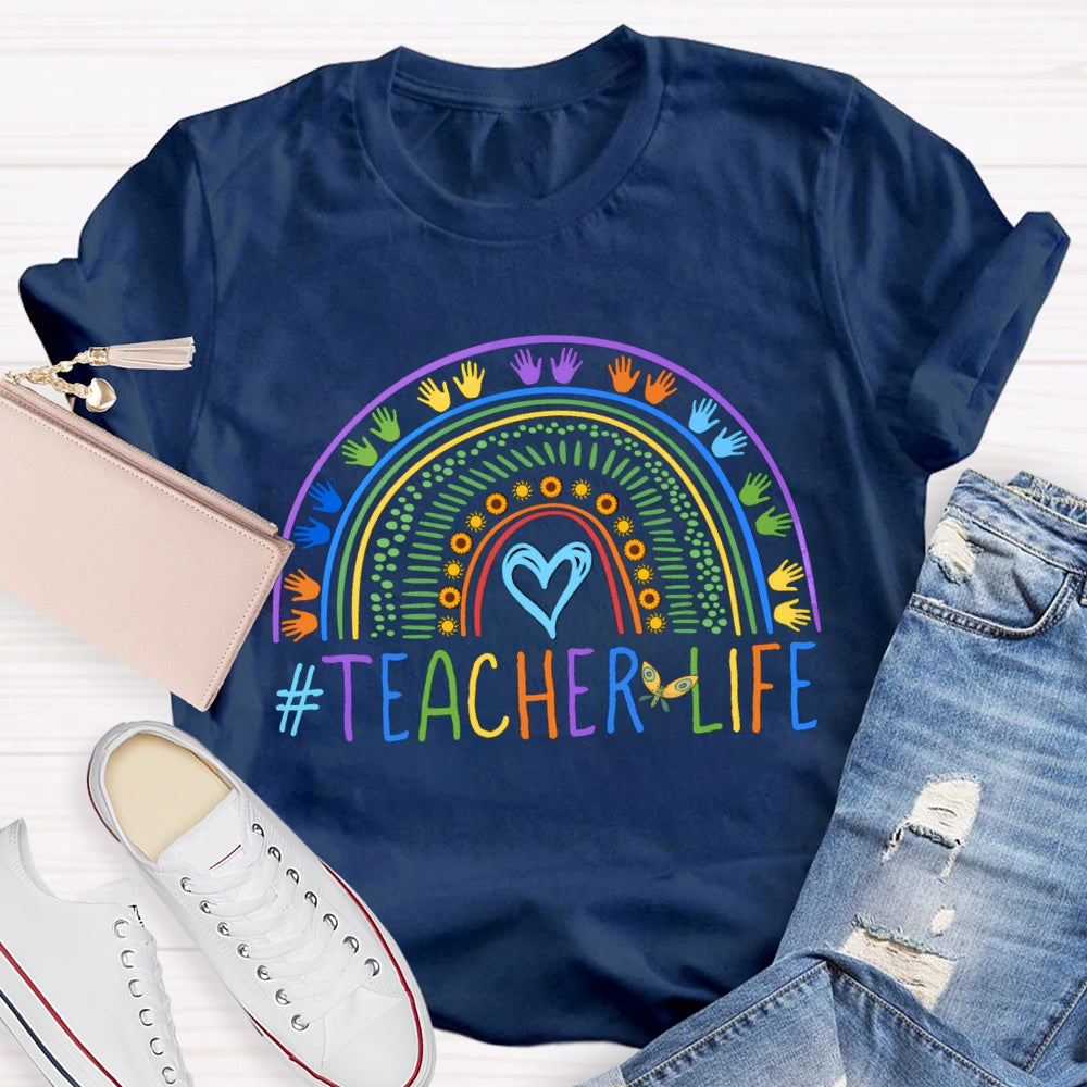 Color Line Printing Blue Heart Teacher T-shirt