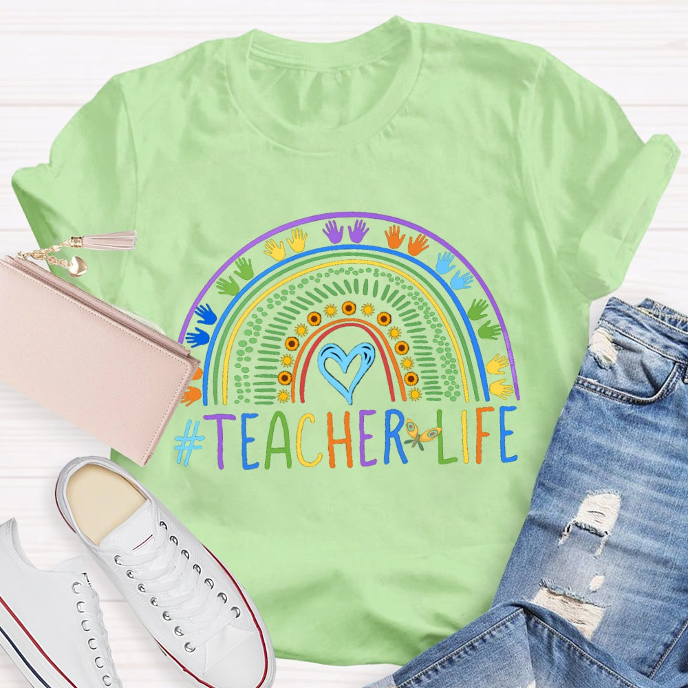 Color Line Printing Blue Heart Teacher T-shirt
