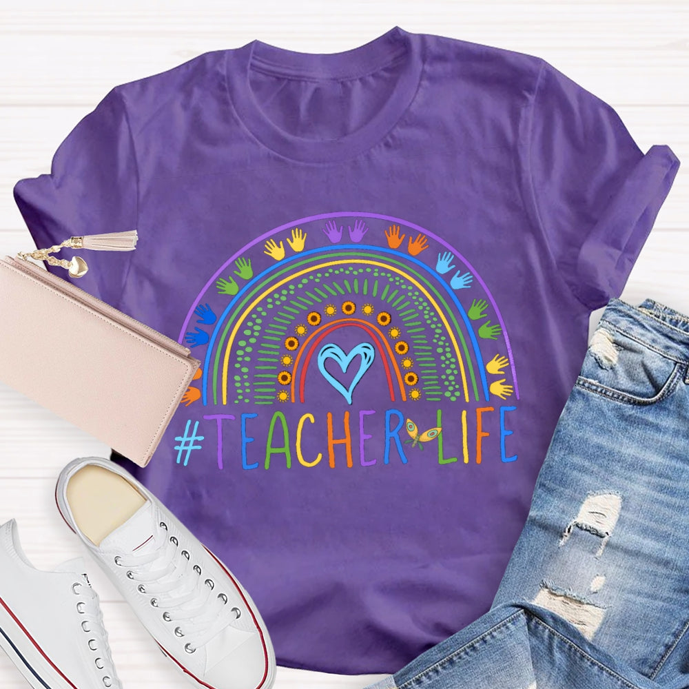 Color Line Printing Blue Heart Teacher T-shirt