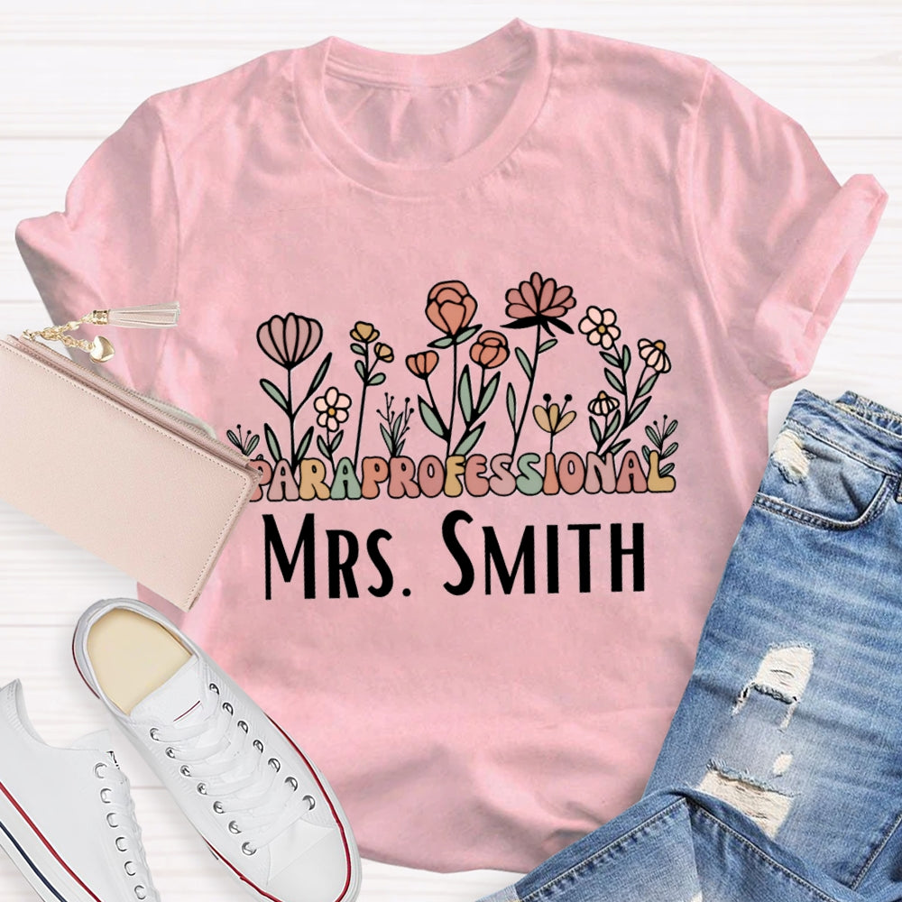 Personalized Name Paraprofessional Teacher Floral Printed T-shirt