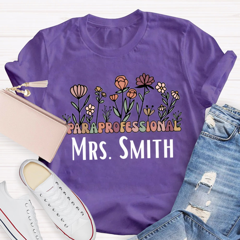 Personalized Name Paraprofessional Teacher Floral Printed T-shirt