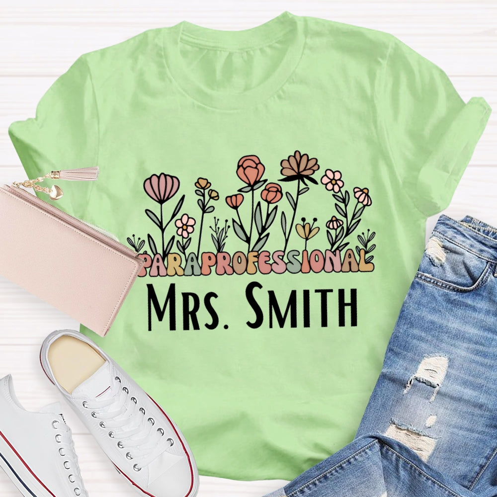 Personalized Name Paraprofessional Teacher Floral Printed T-shirt