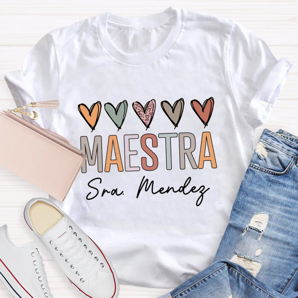 Personalized Name Maestra Colored Heart Bilingual Teacher T-shirt