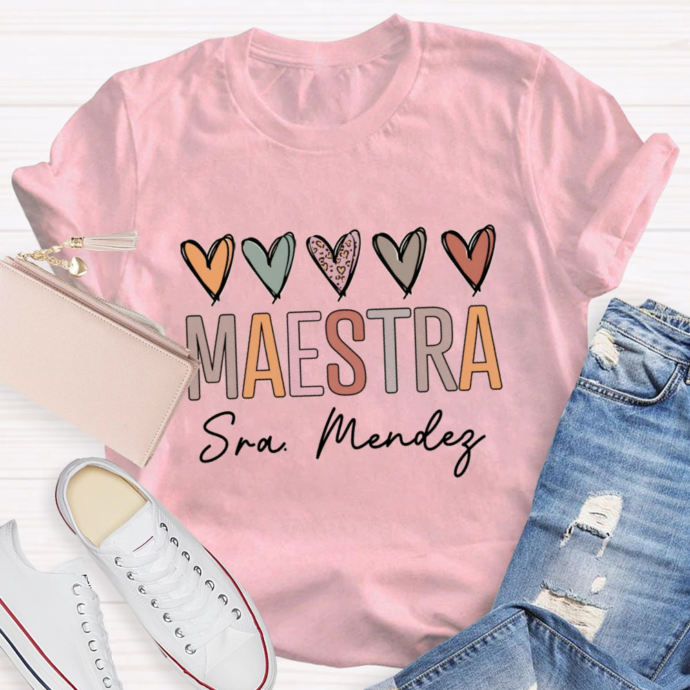 Personalized Name Maestra Colored Heart Bilingual Teacher T-shirt