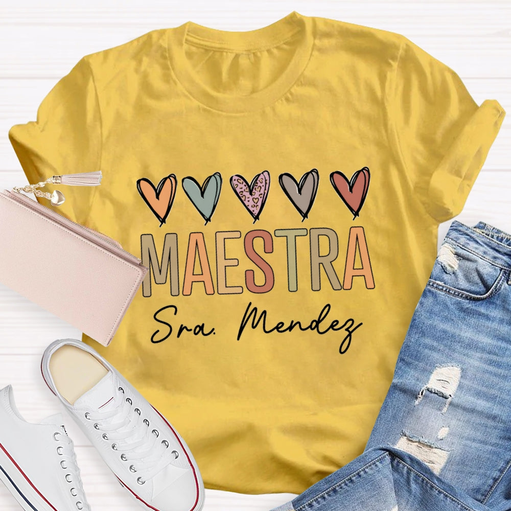Personalized Name Maestra Colored Heart Bilingual Teacher T-shirt