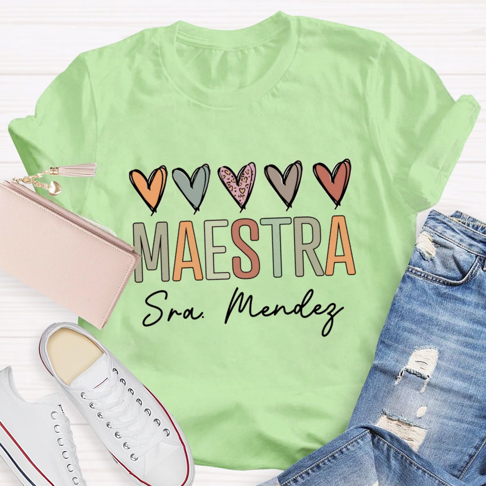 Personalized Name Maestra Colored Heart Bilingual Teacher T-shirt