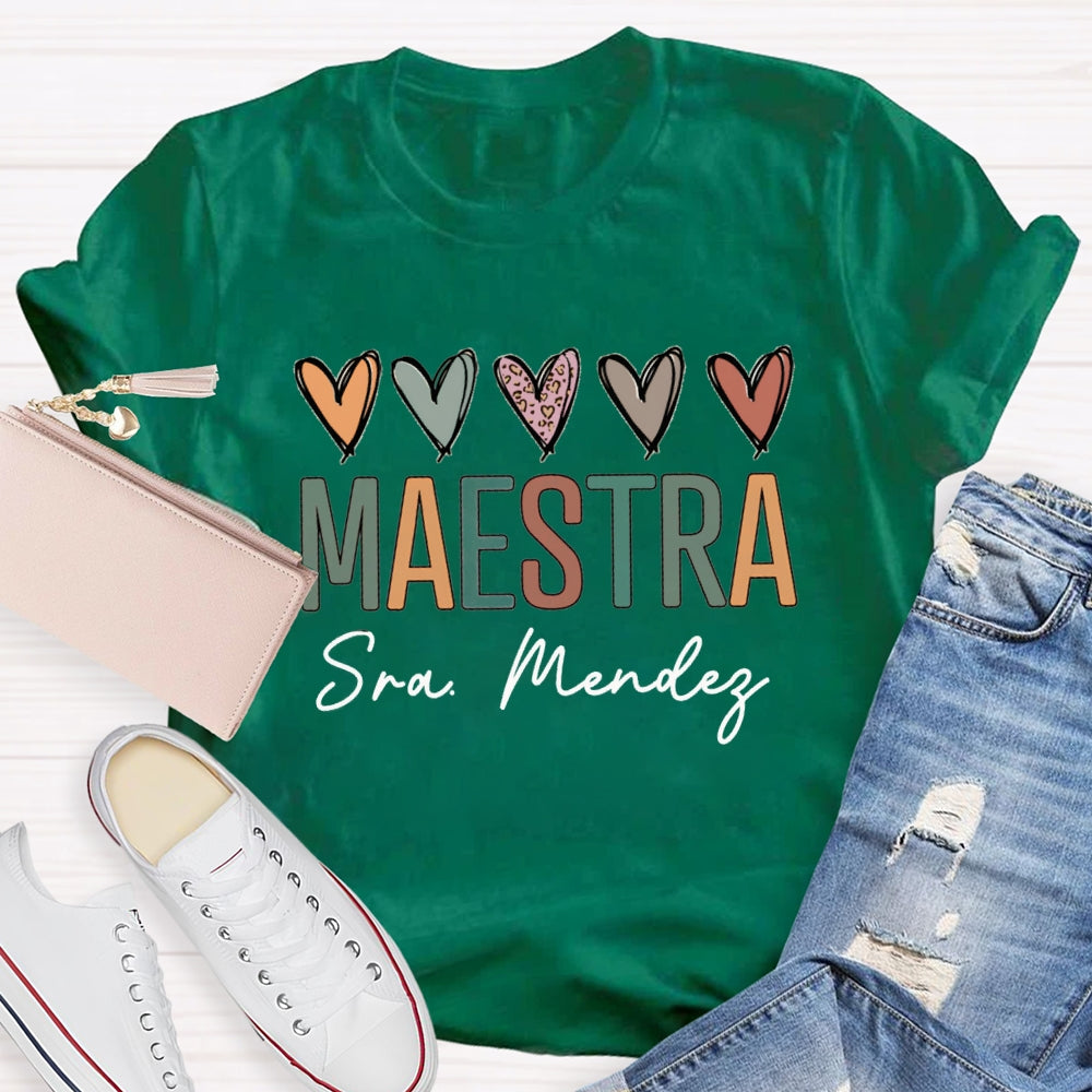 Personalized Name Maestra Colored Heart Bilingual Teacher T-shirt