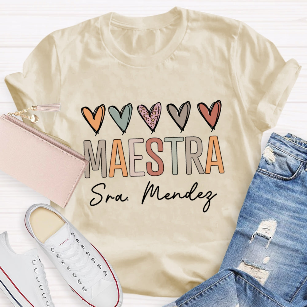 Personalized Name Maestra Colored Heart Bilingual Teacher T-shirt