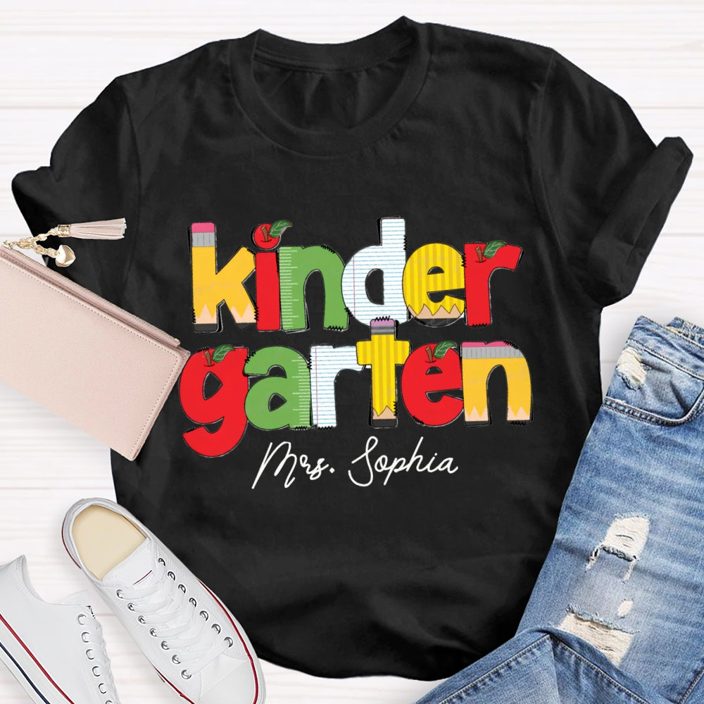Personalized Name And Grade Kinder Garten Apple Letters Teacher T-shirt