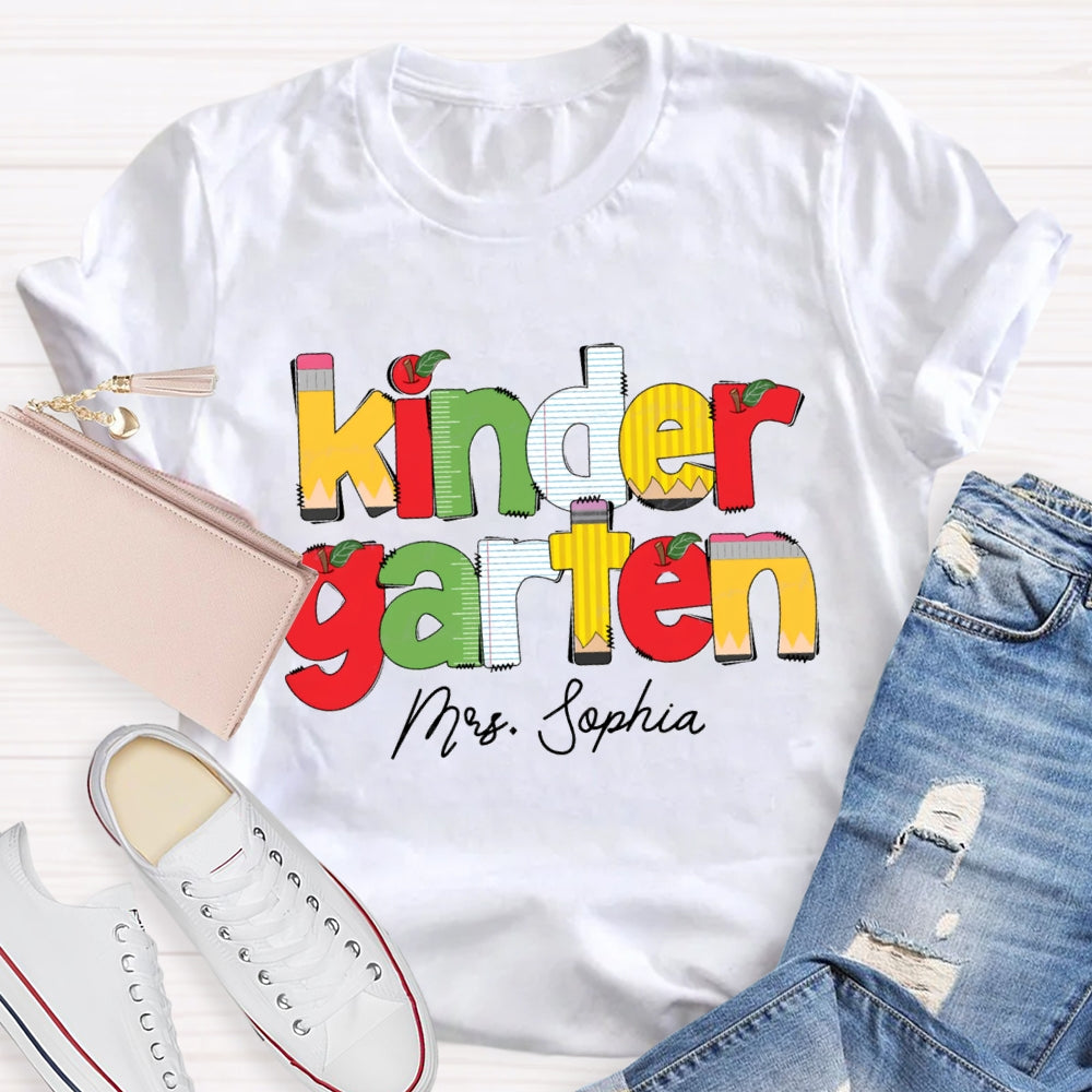 Personalized Name And Grade Kinder Garten Apple Letters Teacher T-shirt