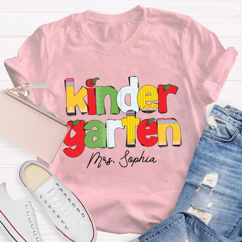 Personalized Name And Grade Kinder Garten Apple Letters Teacher T-shirt