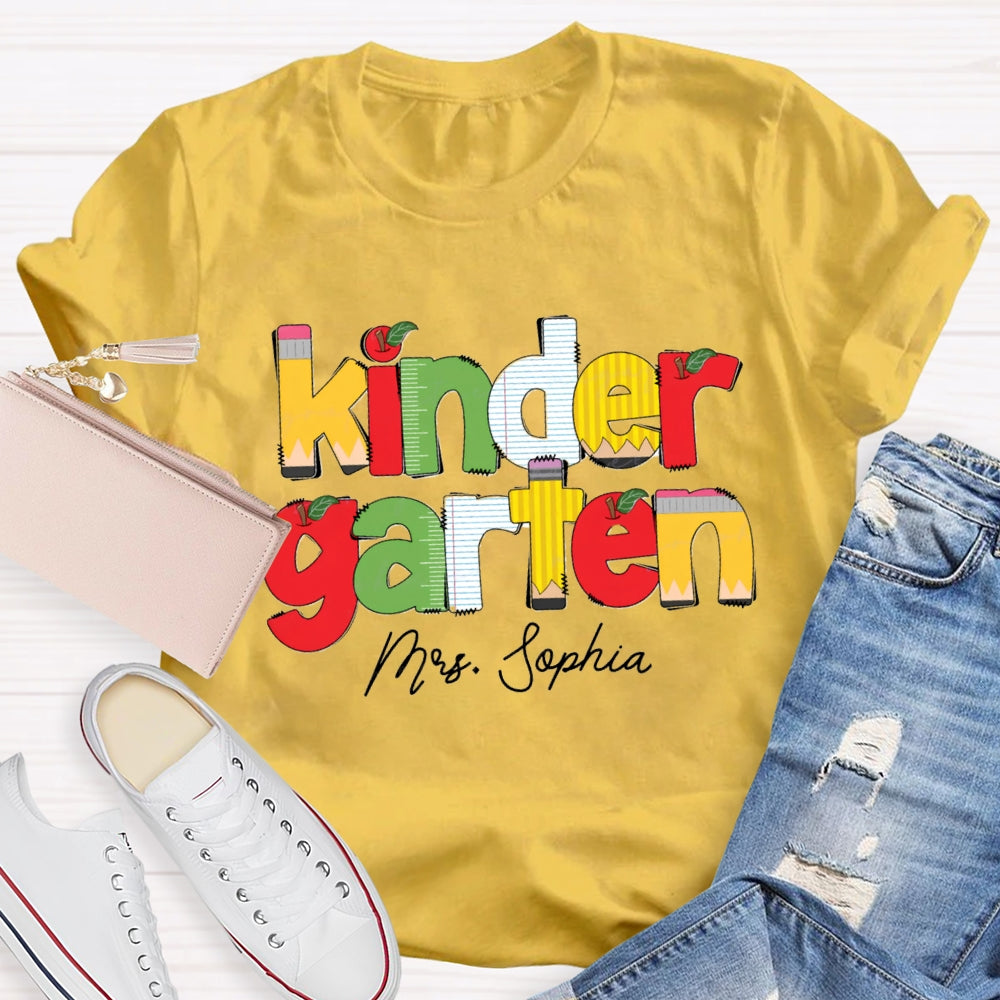 Personalized Name And Grade Kinder Garten Apple Letters Teacher T-shirt