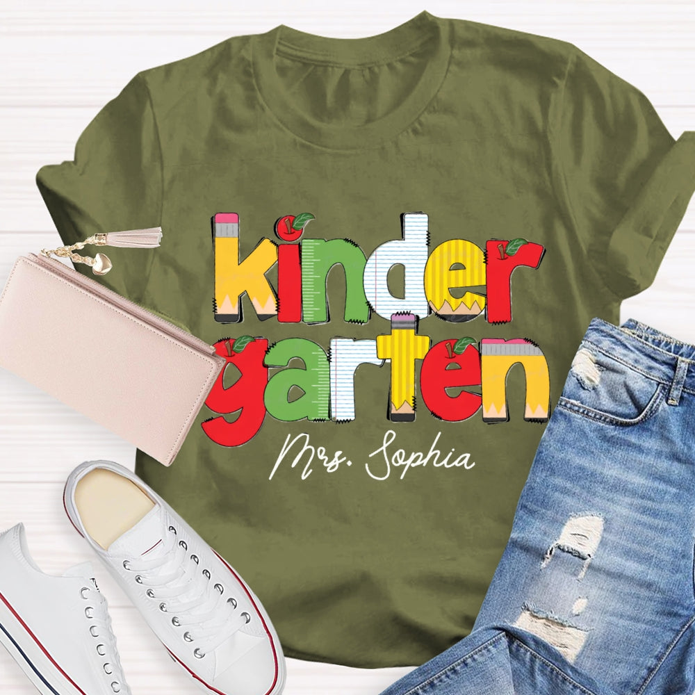 Personalized Name And Grade Kinder Garten Apple Letters Teacher T-shirt
