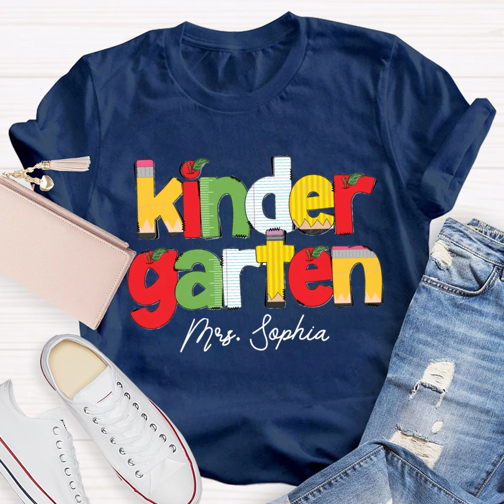 Personalized Name And Grade Kinder Garten Apple Letters Teacher T-shirt