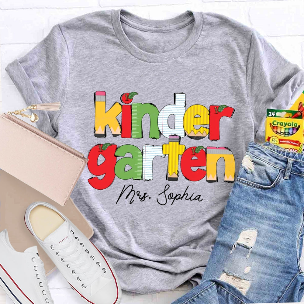 Personalized Name And Grade Kinder Garten Apple Letters Teacher T-shirt