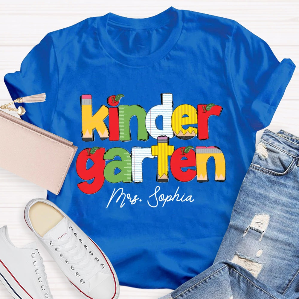 Personalized Name And Grade Kinder Garten Apple Letters Teacher T-shirt