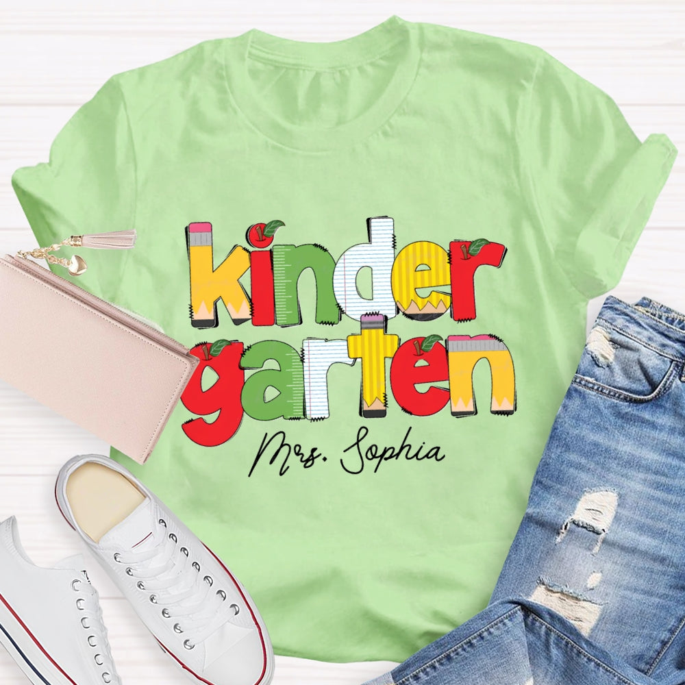 Personalized Name And Grade Kinder Garten Apple Letters Teacher T-shirt