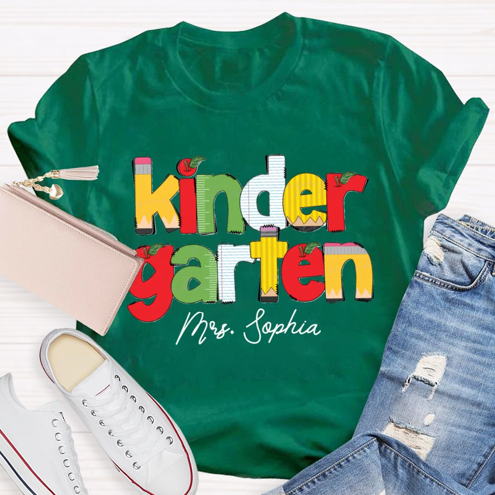 Personalized Name And Grade Kinder Garten Apple Letters Teacher T-shirt