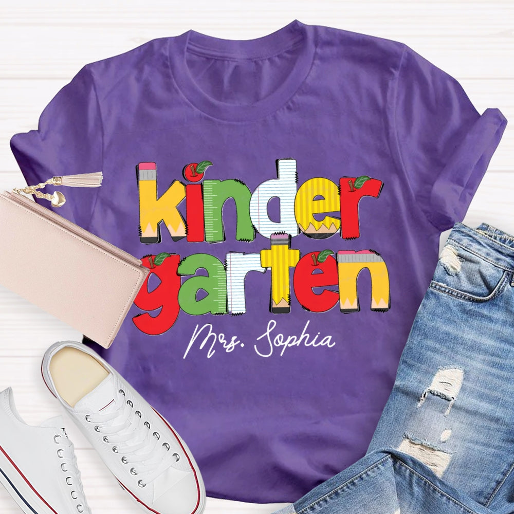 Personalized Name And Grade Kinder Garten Apple Letters Teacher T-shirt