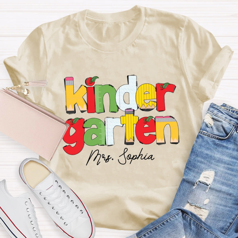 Personalized Name And Grade Kinder Garten Apple Letters Teacher T-shirt