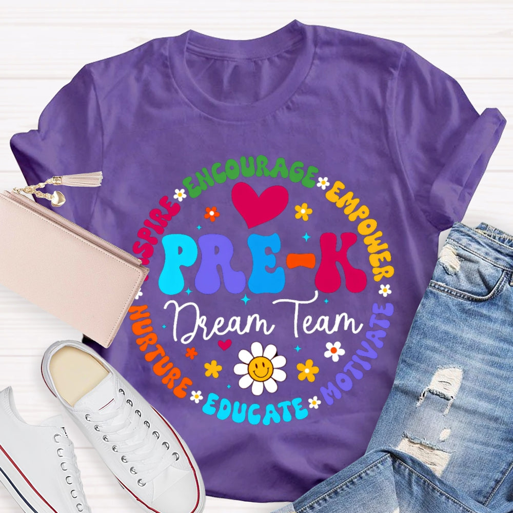 Personalized Grade Pre-K Dream Team Encourage Empower Educate Motivate Sunflowers And Heart T-shirt