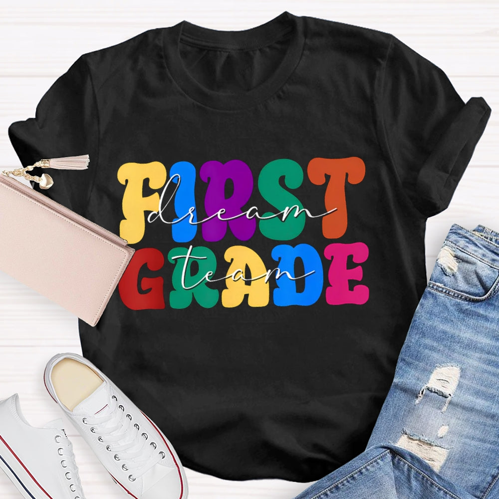 Personalized Grade First Grade Colored Letters Teacher T-shirt