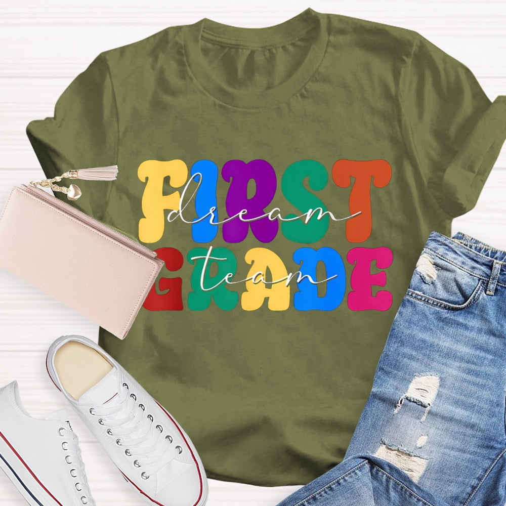 Personalized Grade First Grade Colored Letters Teacher T-shirt