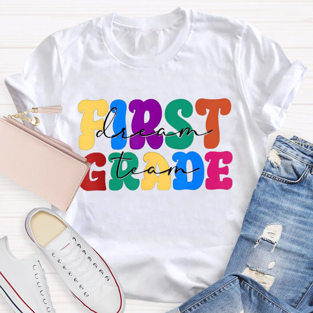 Personalized Grade First Grade Colored Letters Teacher T-shirt