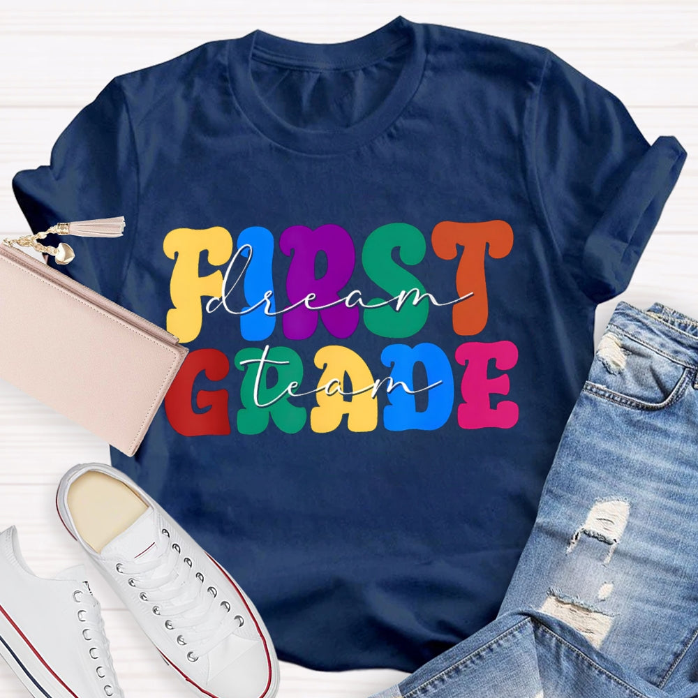 Personalized Grade First Grade Colored Letters Teacher T-shirt