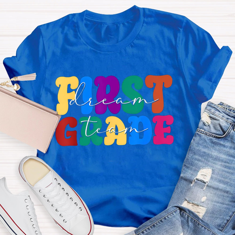 Personalized Grade First Grade Colored Letters Teacher T-shirt