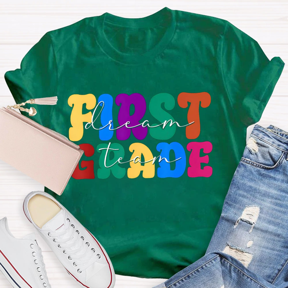 Personalized Grade First Grade Colored Letters Teacher T-shirt