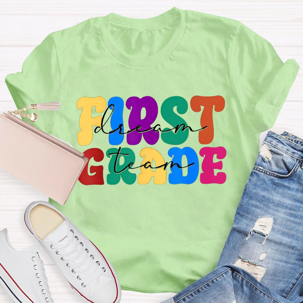 Personalized Grade First Grade Colored Letters Teacher T-shirt