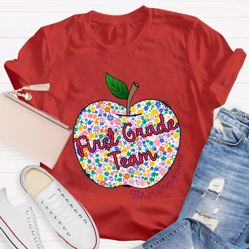 Personalized Grade And Name Floral Apple T-shirt