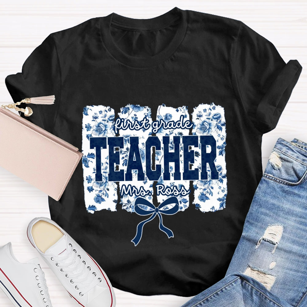 Personalized Grade And Name Blue Floral Bow T-shirt