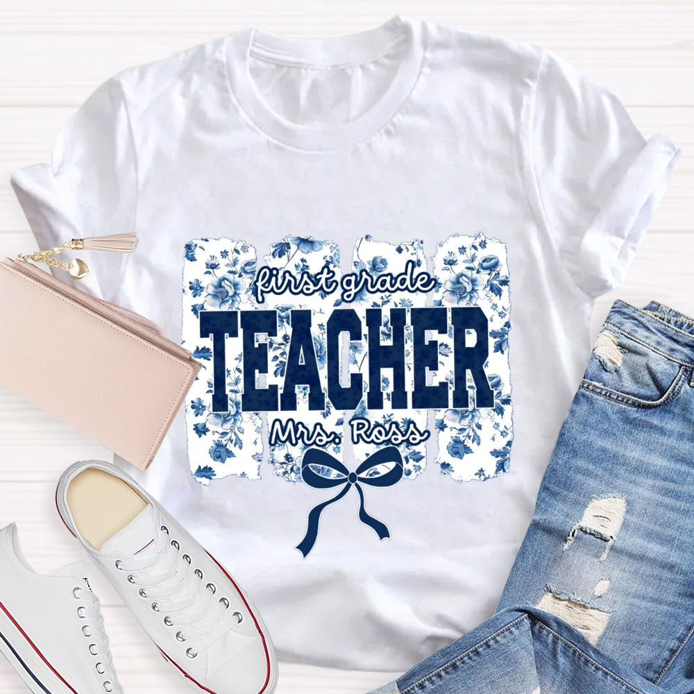 Personalized Grade And Name Blue Floral Bow T-shirt