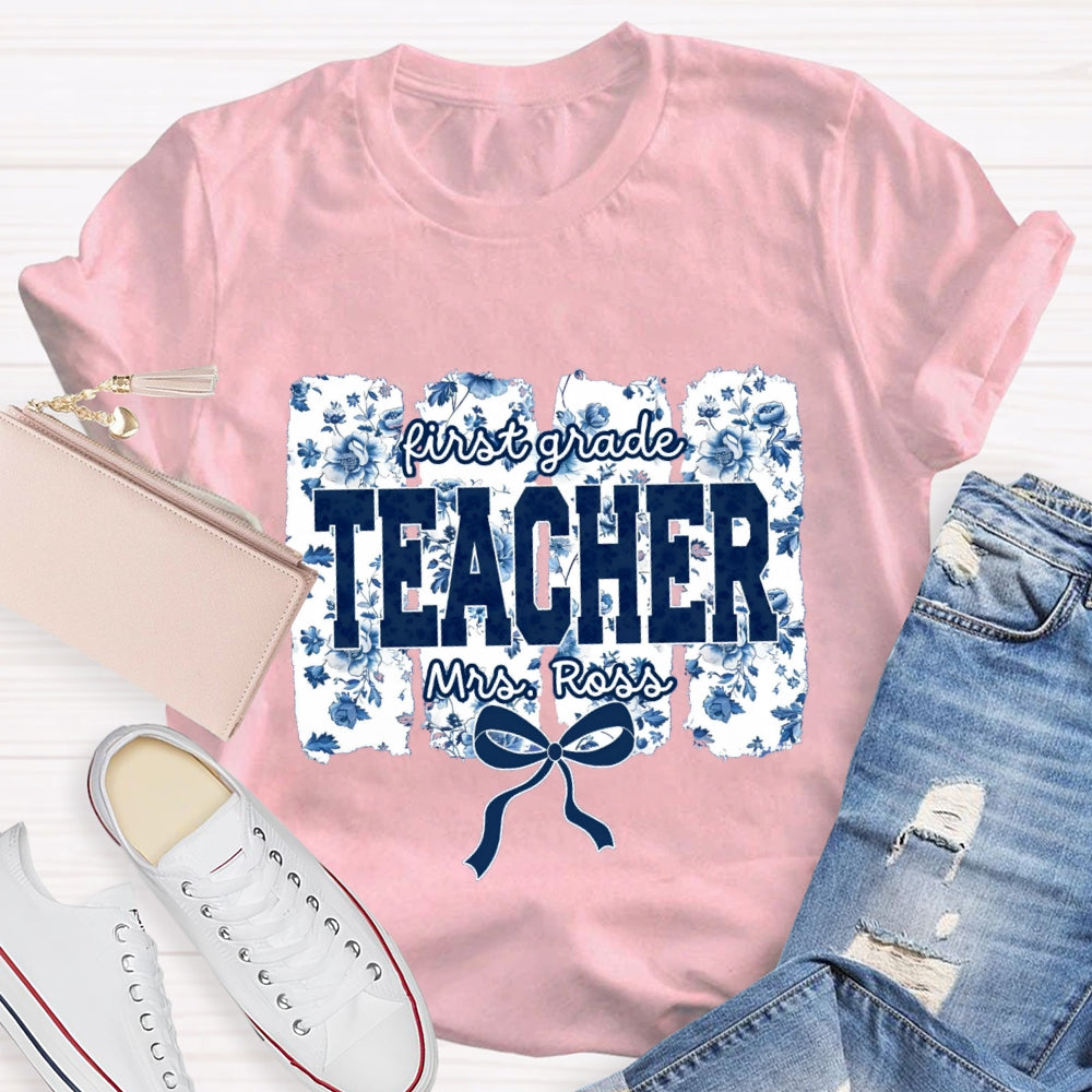 Personalized Grade And Name Blue Floral Bow T-shirt