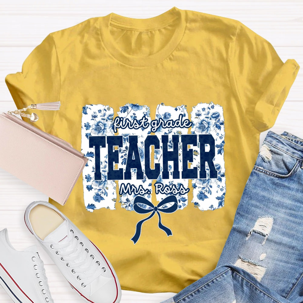Personalized Grade And Name Blue Floral Bow T-shirt