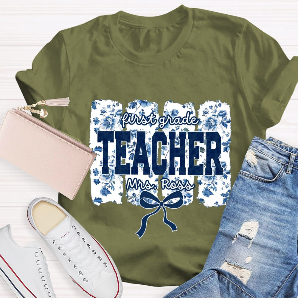 Personalized Grade And Name Blue Floral Bow T-shirt
