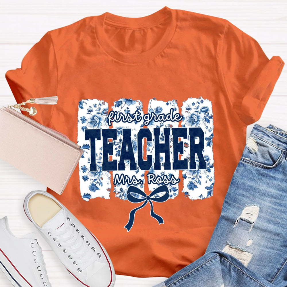 Personalized Grade And Name Blue Floral Bow T-shirt