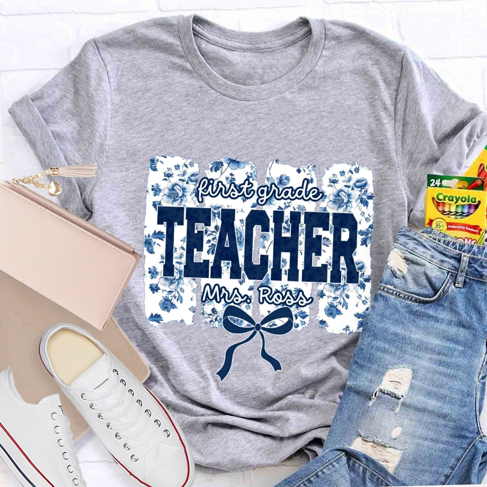 Personalized Grade And Name Blue Floral Bow T-shirt