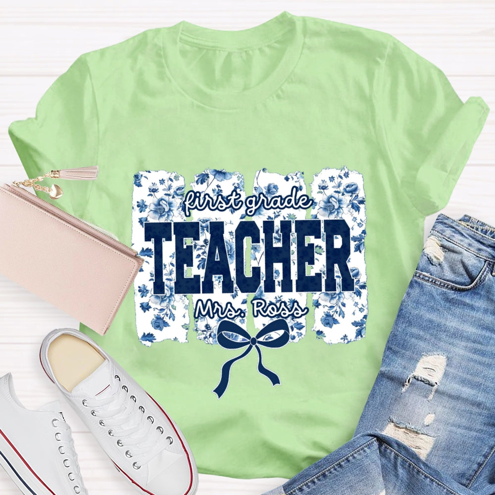 Personalized Grade And Name Blue Floral Bow T-shirt
